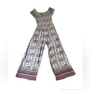 Womens Blue & White Printed Wide-Leg Jumpsuit